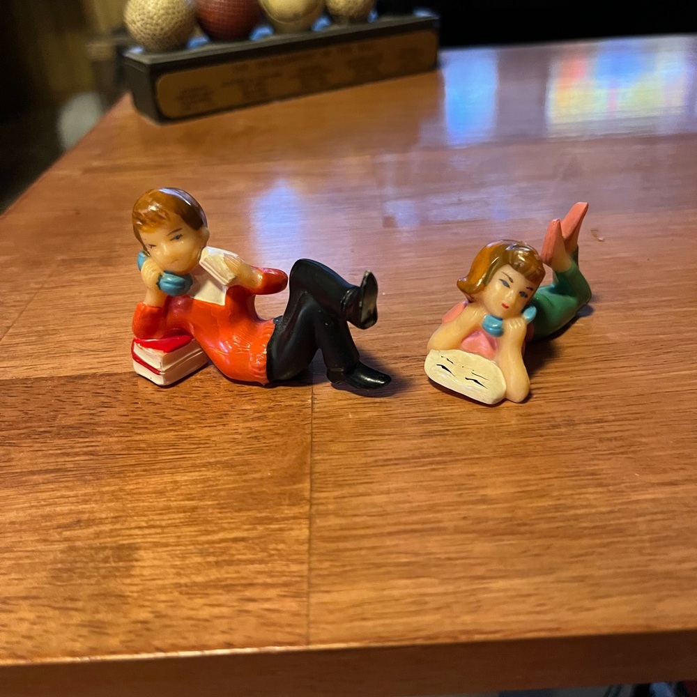 Vintage Wilton birthday cake toppers mid-century. Girl and boy on the phone.